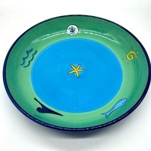 Brushes K.I.C. Hand Painted, Large 13" Pasta Serving Bowl Blue Green Ocean